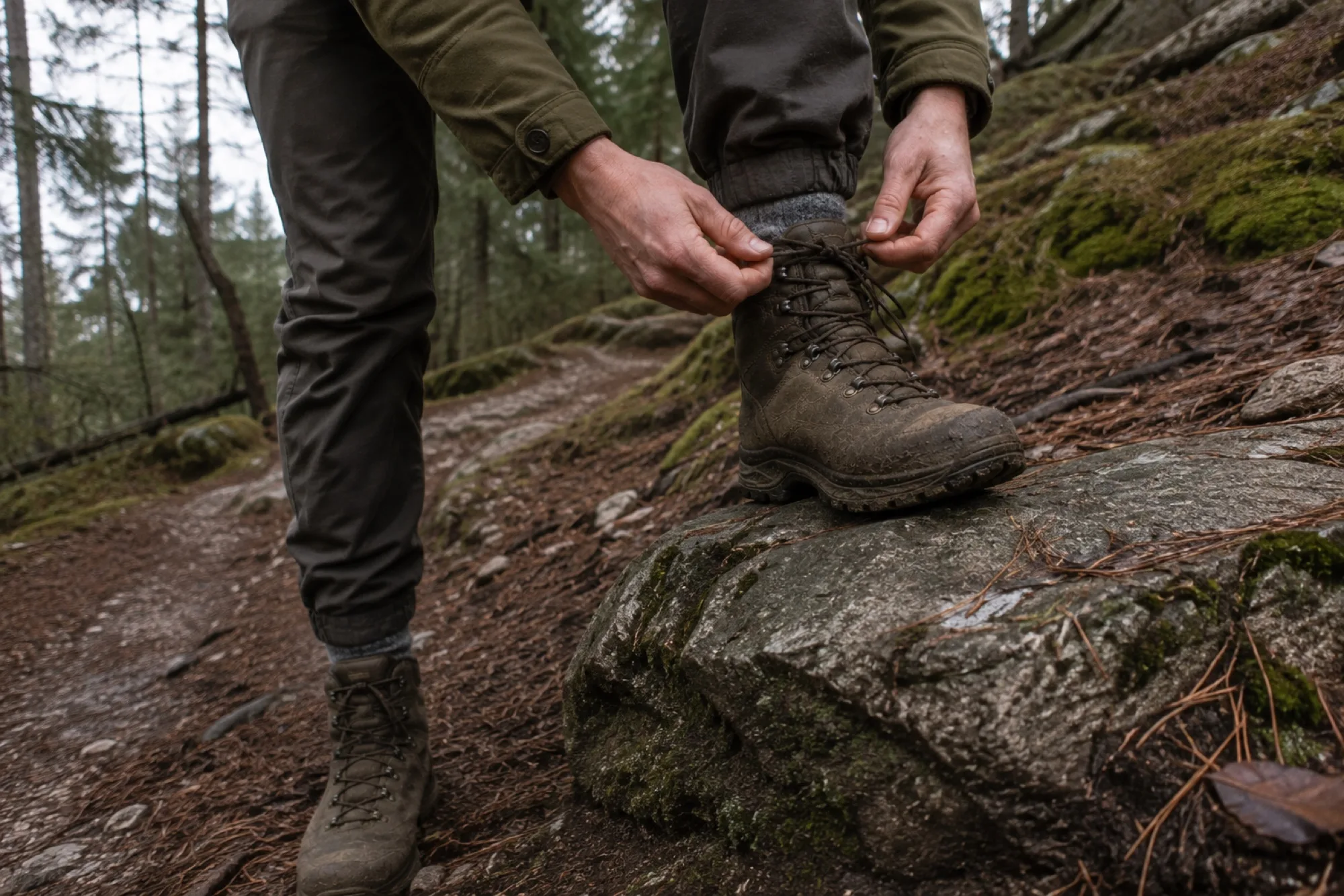 Wanderer schnürt seinen Lederstiefel auf einem Felsen