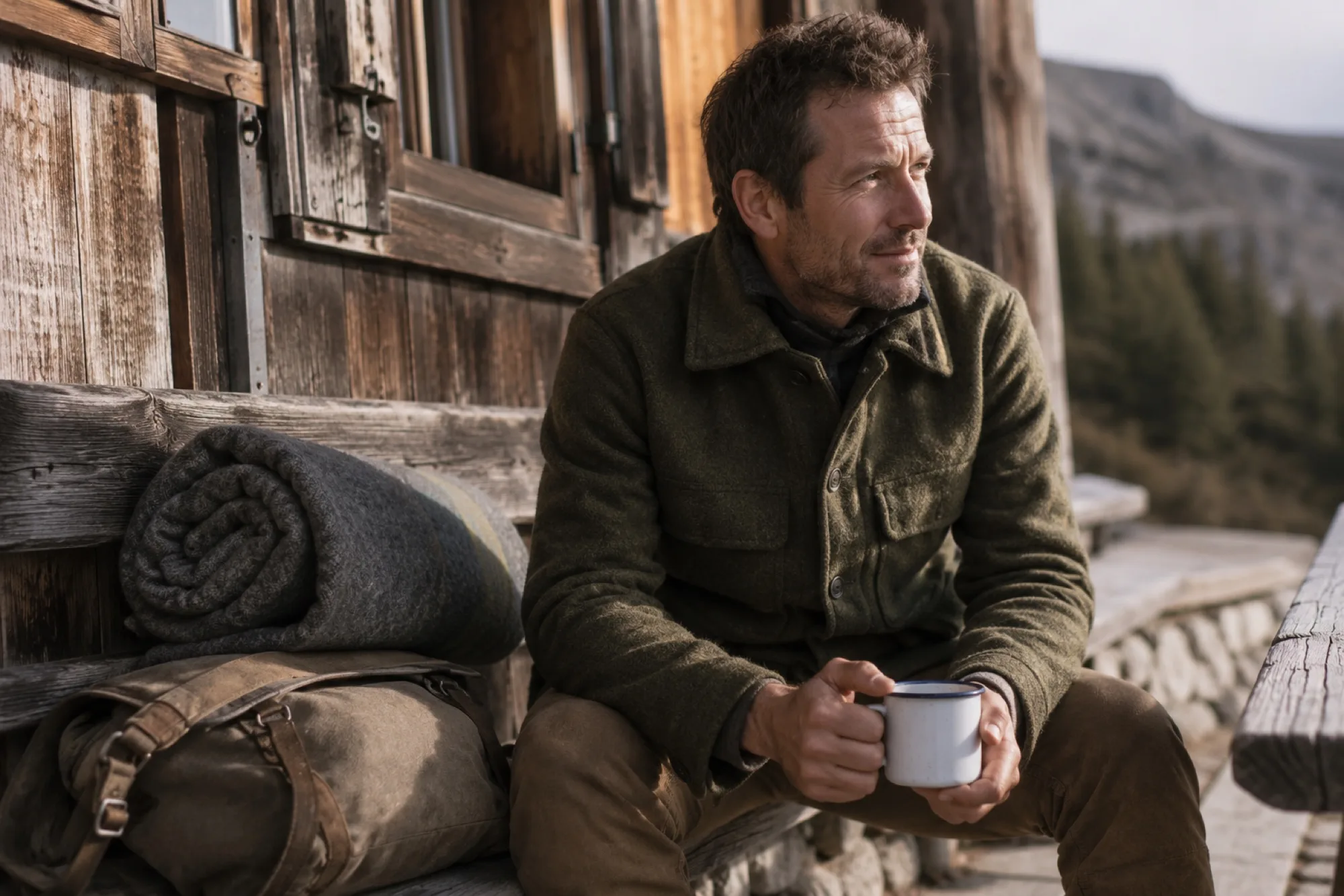 Mann in Militärjacke mit Tasse vor einer Berghütte, daneben Original-Armeeausrüstung