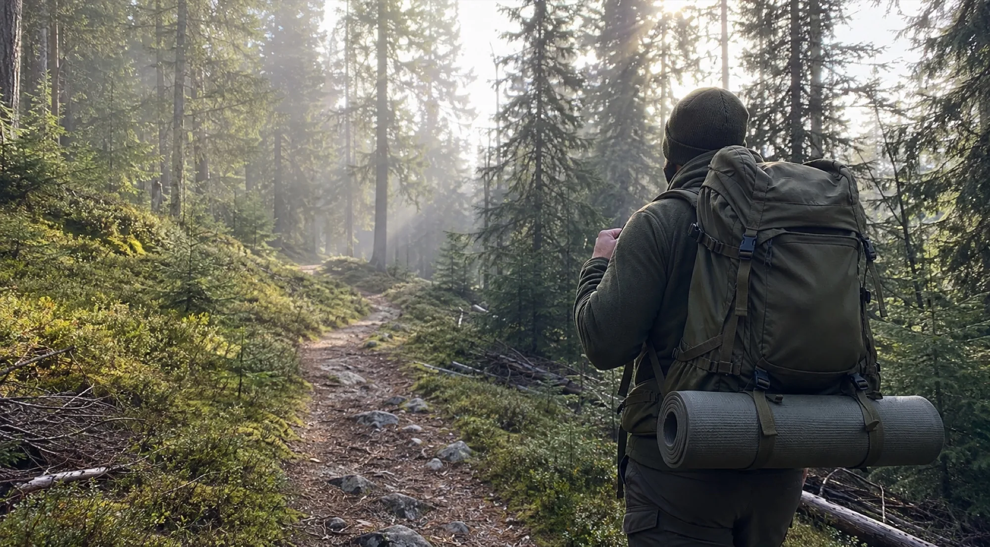 Wanderer mit grossem Militärrucksack und Isomatte auf einem Waldweg