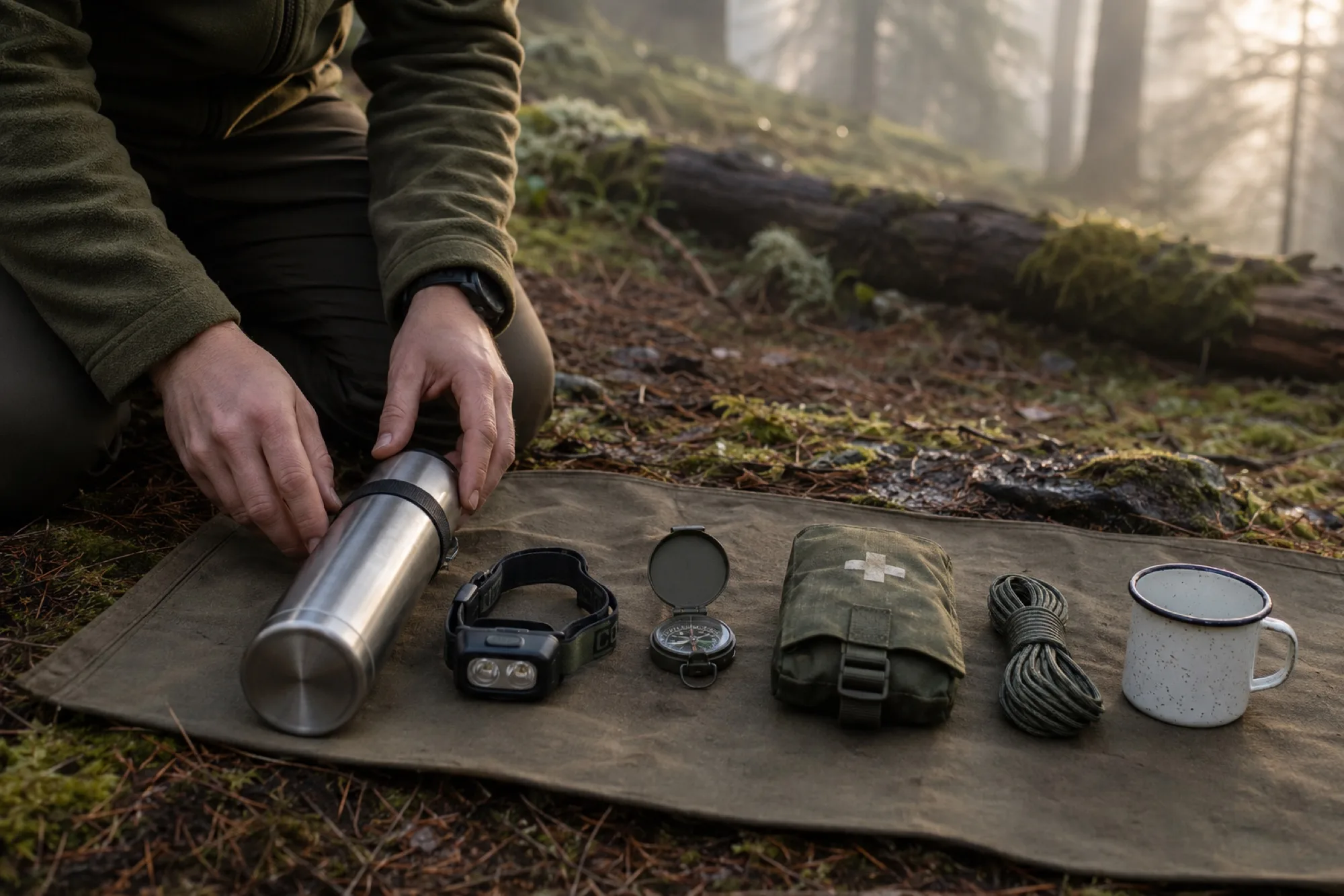 Ausrüstung auf einer Matte im Wald: Thermosflasche, Stirnlampe, Kompass, Seil und Tasse